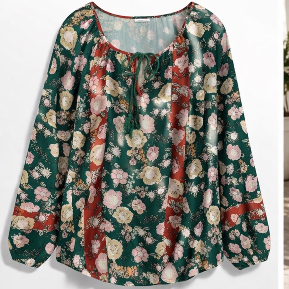 🌿 DR2 Daniel Rainn Floral Boho Tunic Blouse XL Green Flowy Tassel Top - Picture 3 of 12